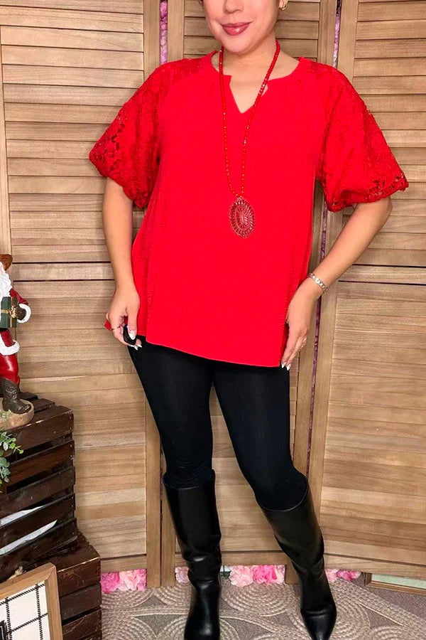 Red lace puff short sleeve