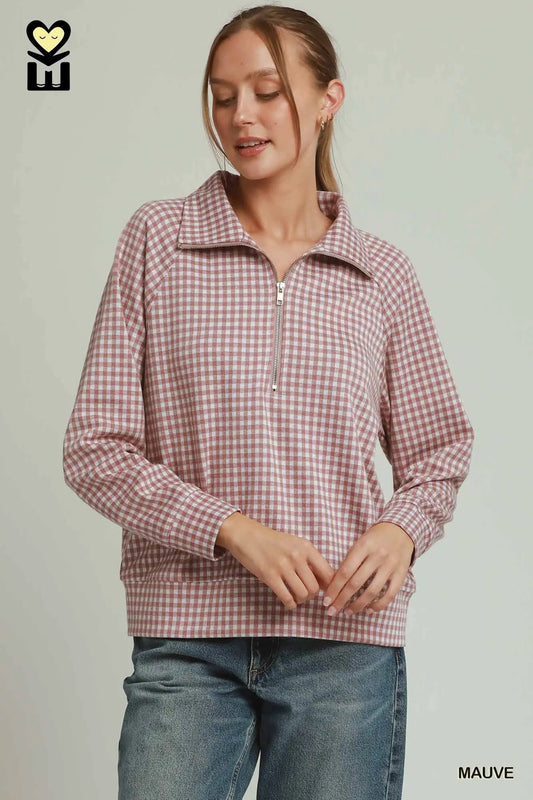 Gingham Half-Zip Long Sleeve Pullover