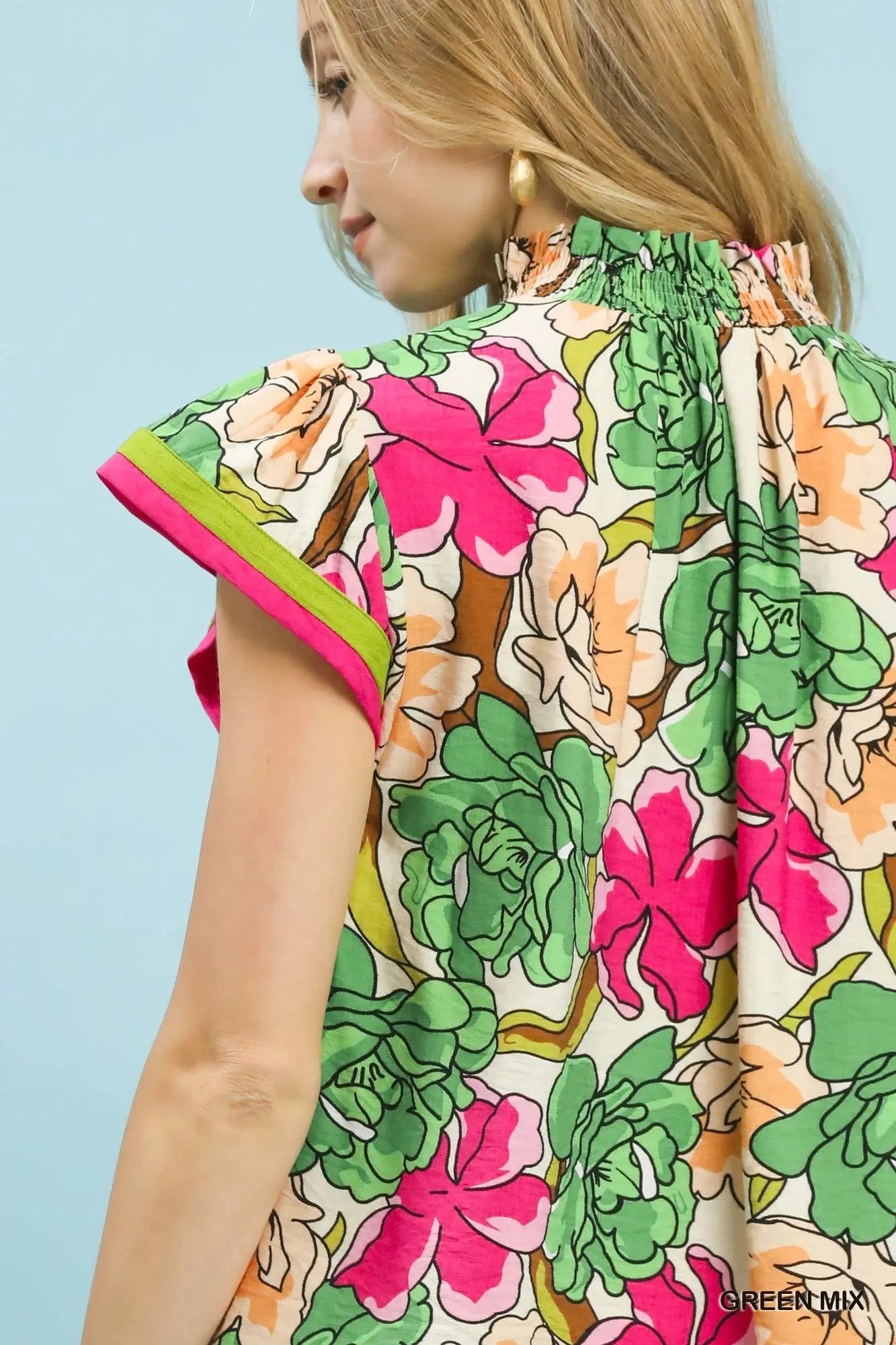 GREEN MIX Floral Print Blouse with Contrast Trim