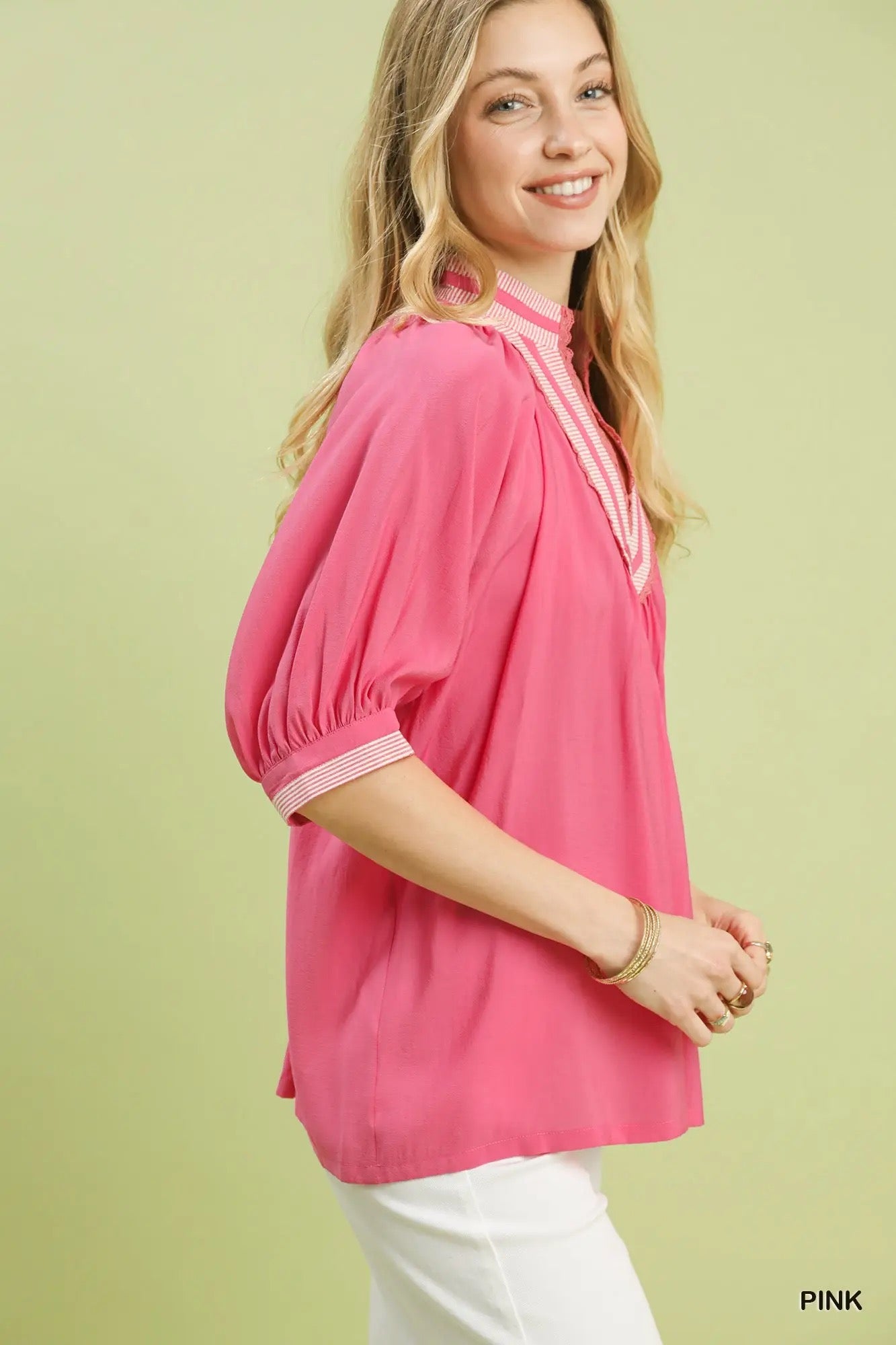 UMGEE Solid Contrast Trim Pleated Top PINK