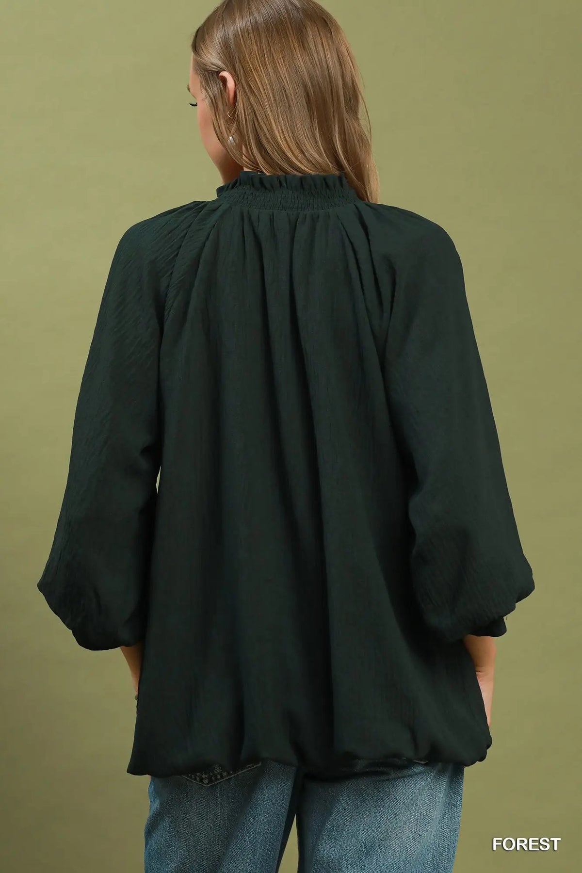 Balloon Sleeve Split Neck Blouse