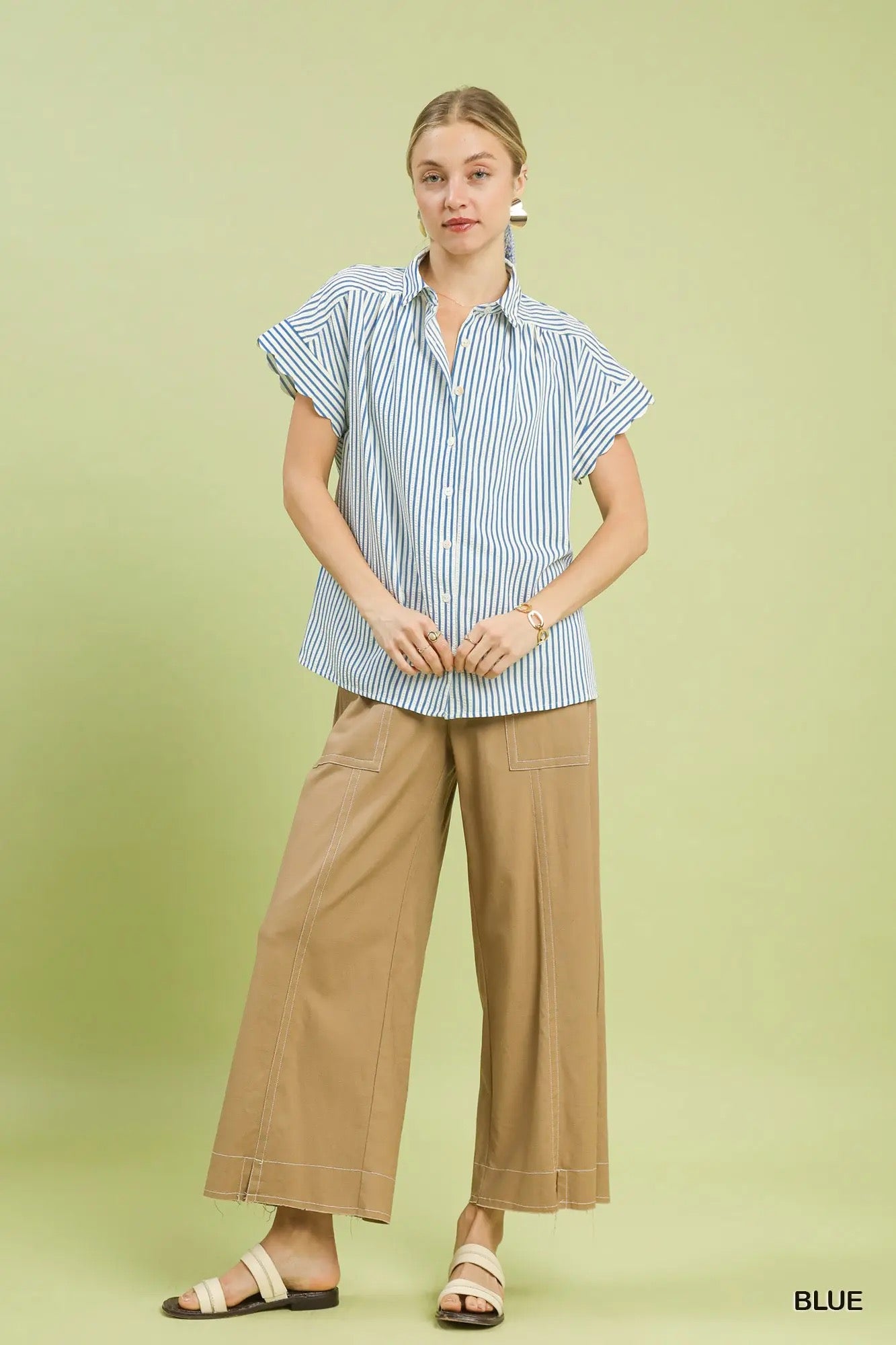 Striped Button-Down Top with Scallop Sleeves