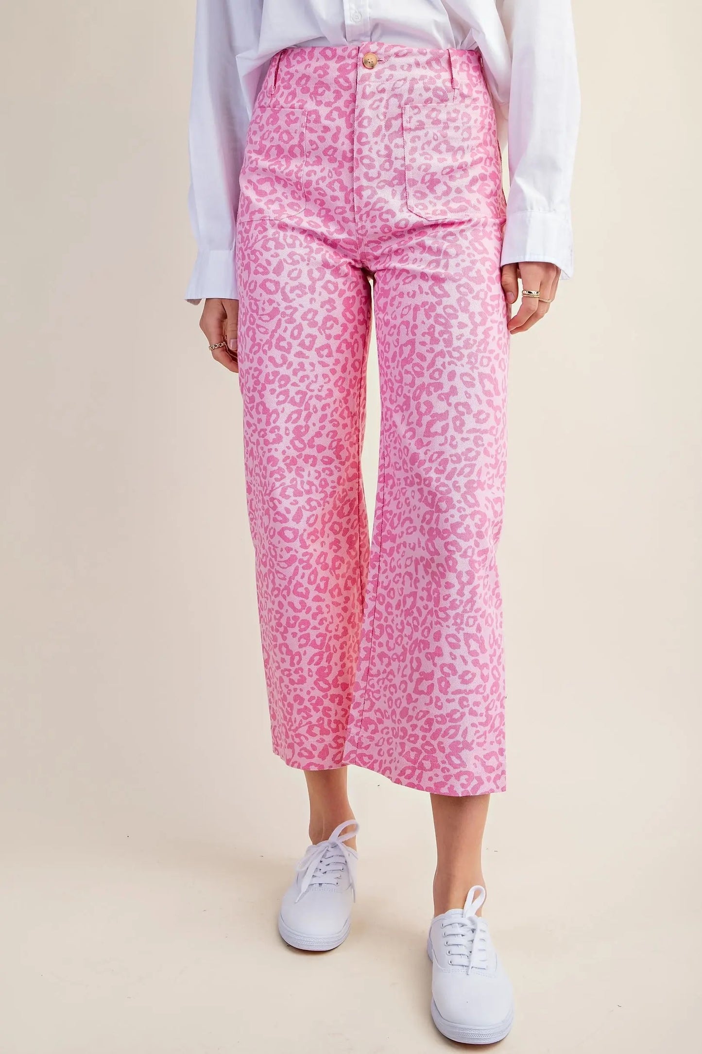 Ankle Cropped Summer Pants in a PINK Leopard Print with Pockets