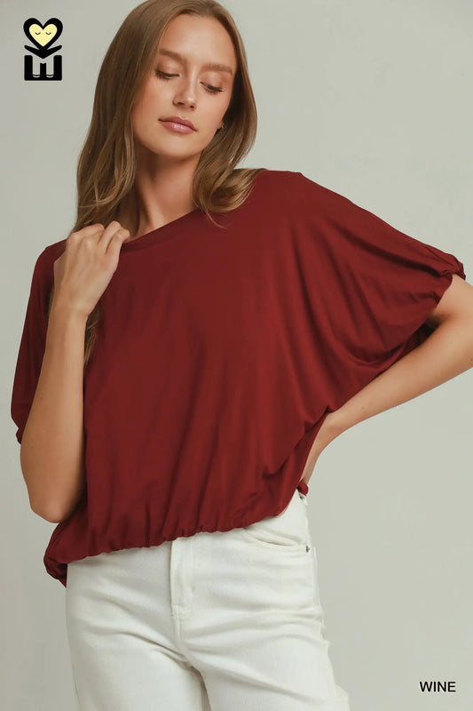 Double Lined Bubble Sleeve & Hem Top (WINE)