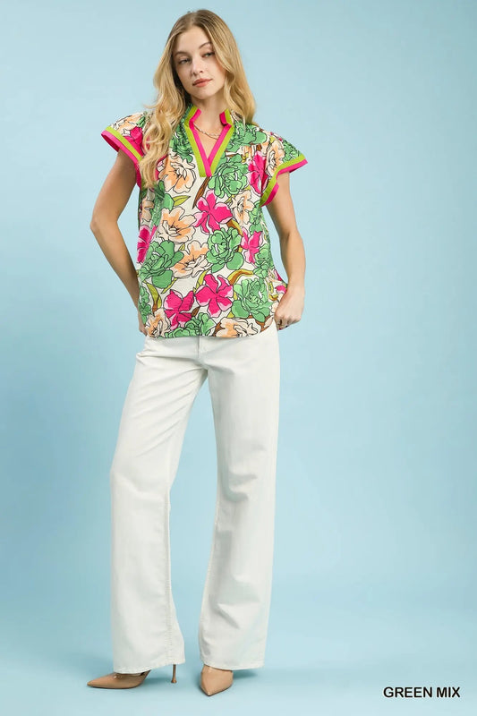 GREEN MIX Floral Print Blouse with Contrast Trim