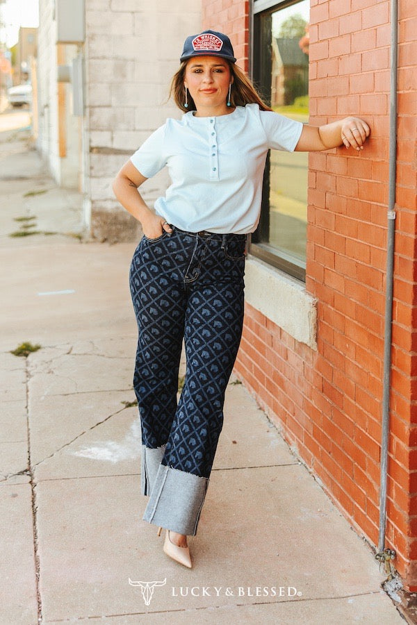 Denim Horse Laser Printed Cuffed High Rise Printed Jeans (30in Inseam)