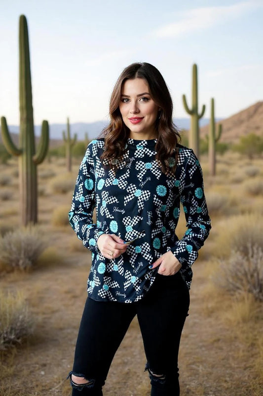 Western howdy checkered bow printed long sleeve