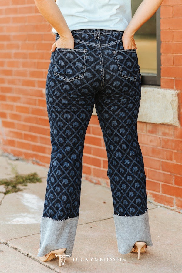 Denim Horse Laser Printed Cuffed High Rise Printed Jeans (30in Inseam)