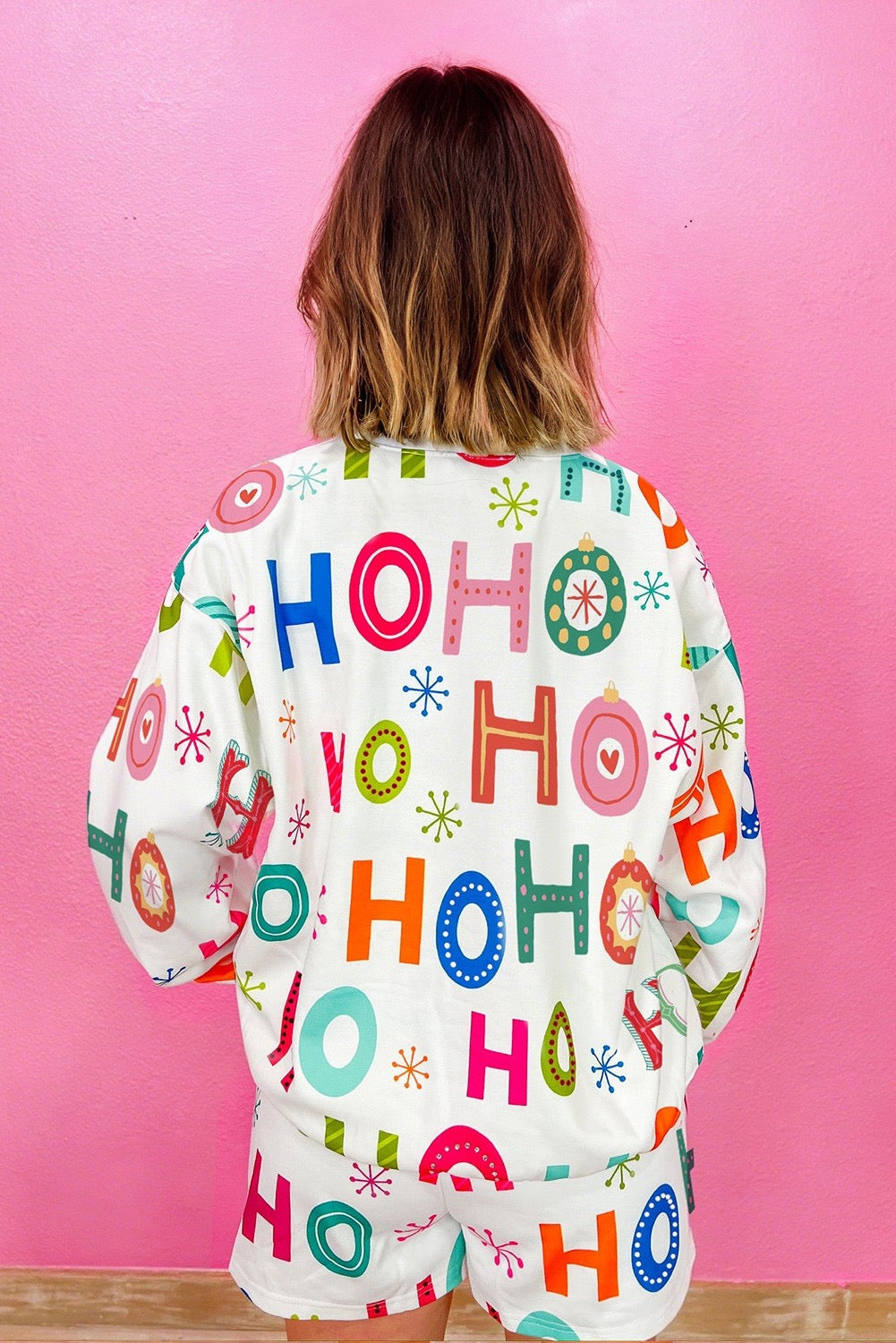 White Ho Ho Ho Letter Graphic Christmas Pajama Set