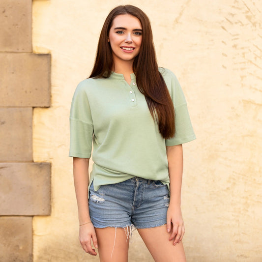 Solid Buttoned Short Sleeve Top with Slits