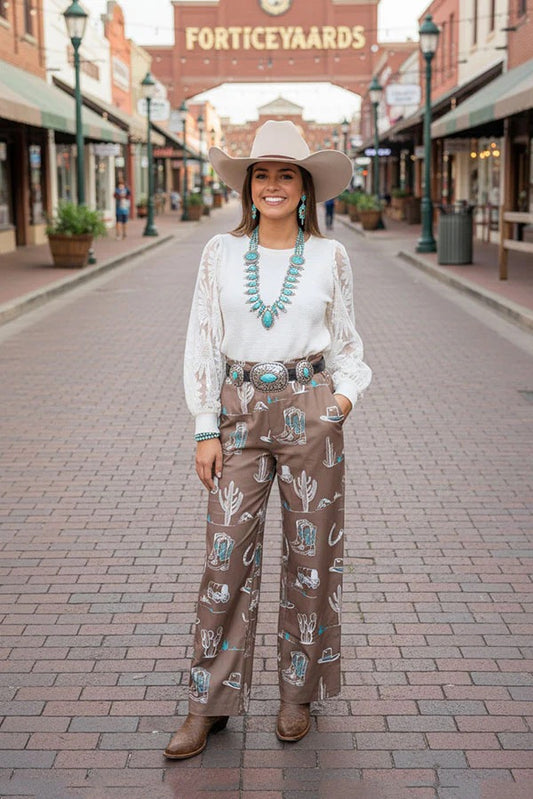 WESTERN PATTERN PRINT WIDE LEG PANT
