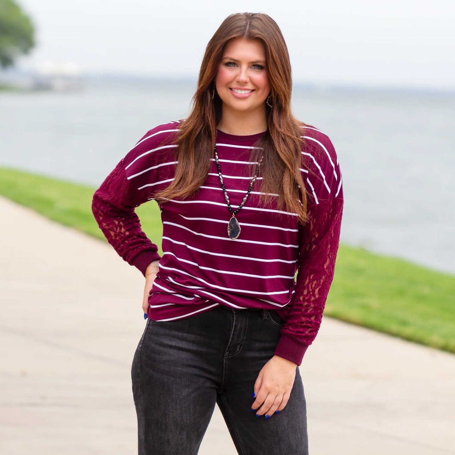 Striped Top with Lace Sleeves