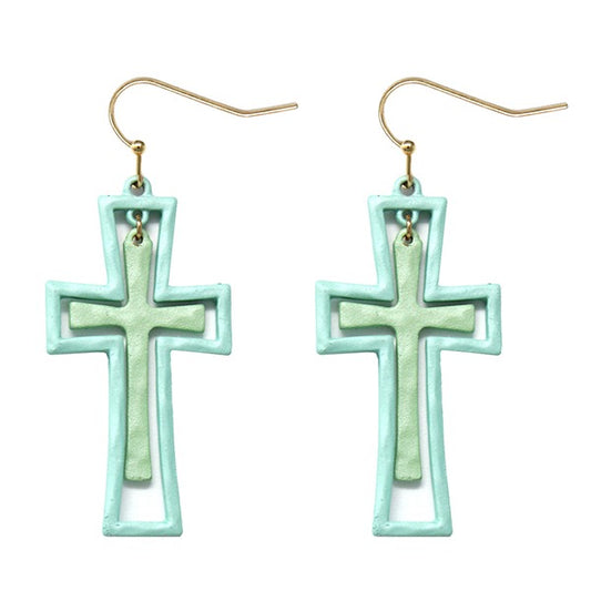 COLOR COATED DOUBLE LAYER CROSS EARRINGS