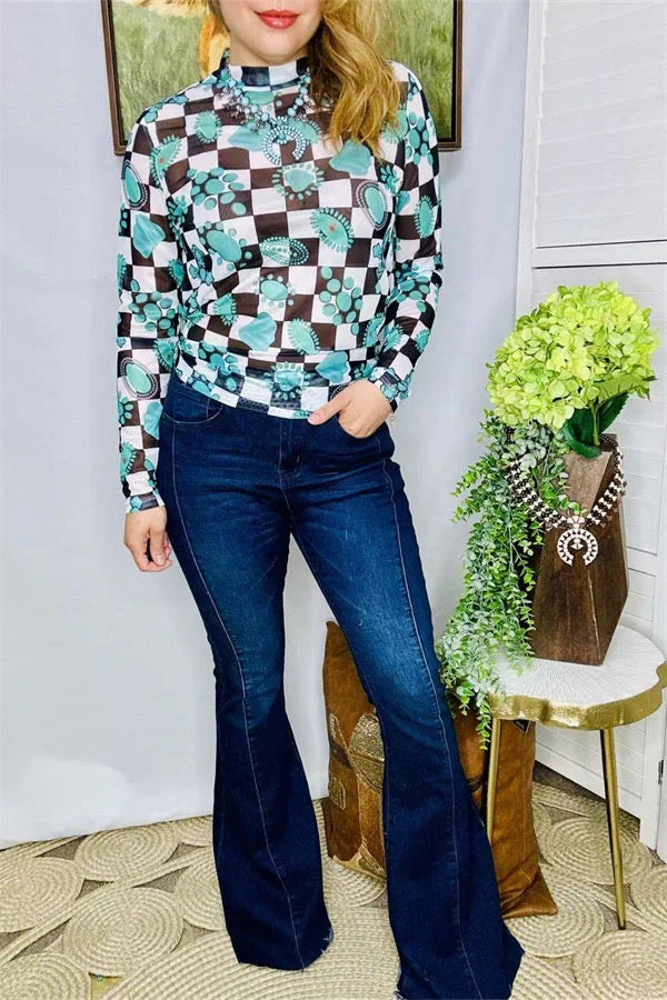Turquoise Jewels & Checkered with long sleeves