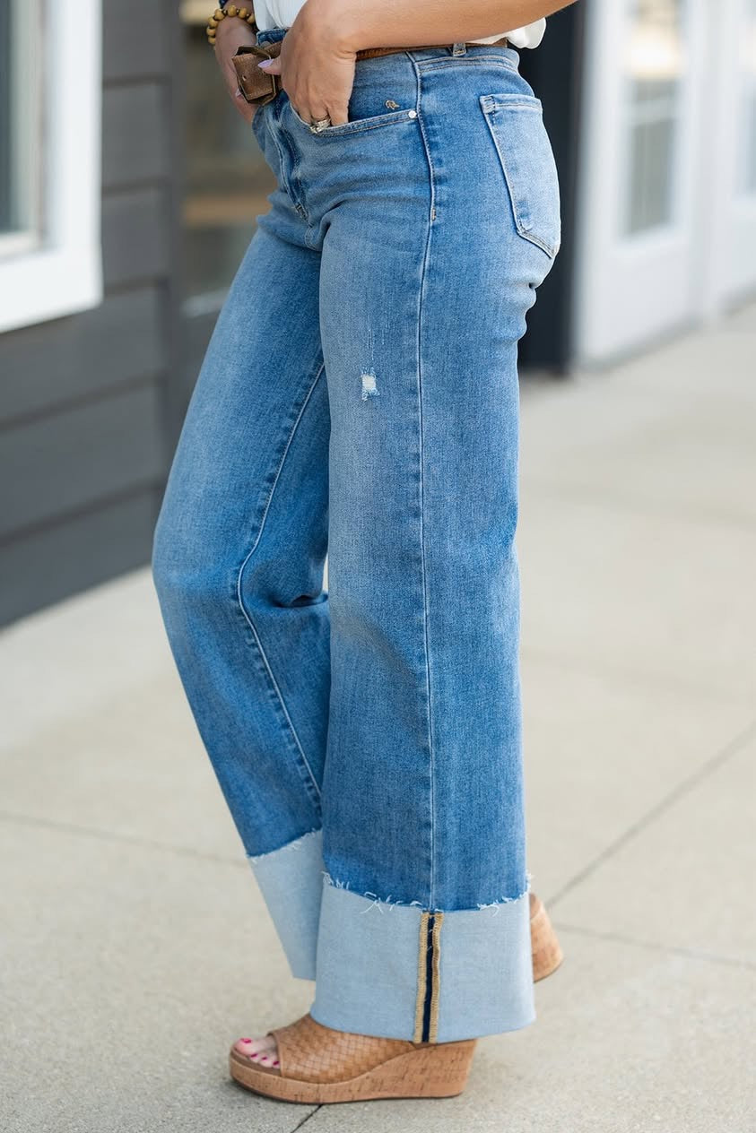 RISEN HIGH RISE-ANKLE WIDE-CUFFED JEANS