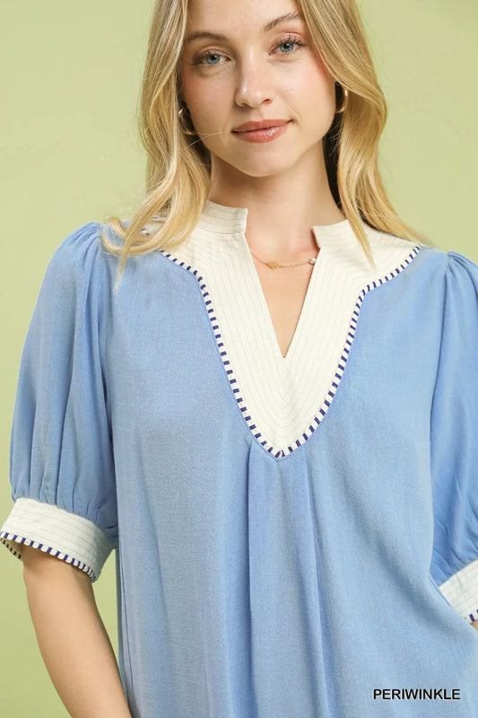 UMGEE Linen Blend Contrast Trim Top PERIWINKLE