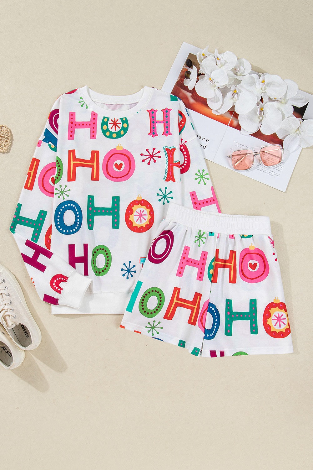 White Ho Ho Ho Letter Graphic Christmas Pajama Set