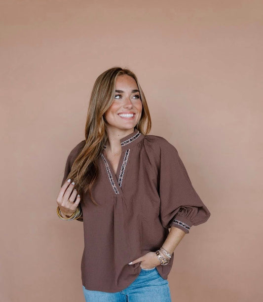 Puff Sleeves V Neck Collared Top