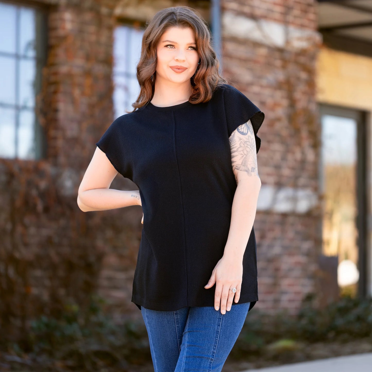 Solid Waffle Knit Half Sleeve Top