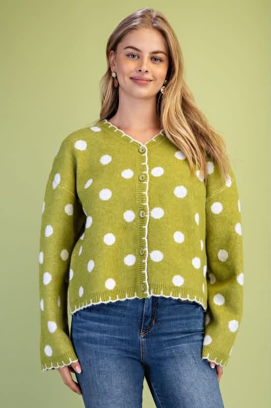 Polka-Dot Button Down Cardigan with Blanket Stitch Details