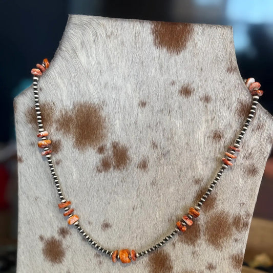 Orange Spiny Oyster & Sterling Pearls Necklace