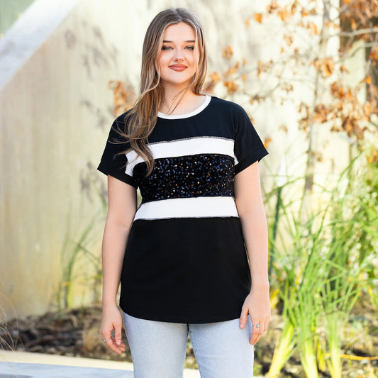 Striped Sequin Half Sleeve Top