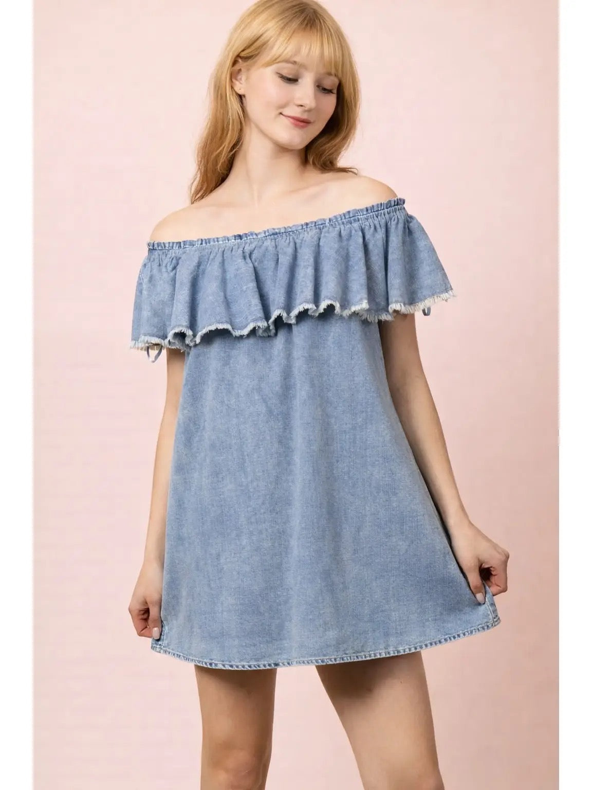 Off Shoulder Washed Chambray Mini Dress/ SHIRT