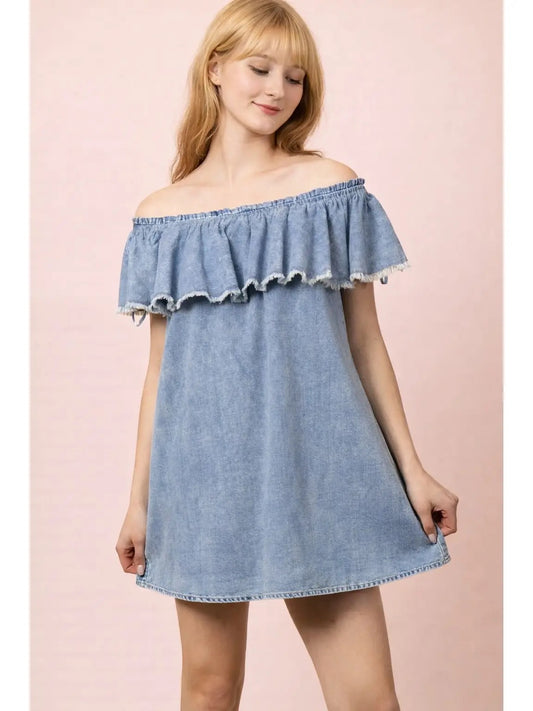 Off Shoulder Washed Chambray Mini Dress/ SHIRT