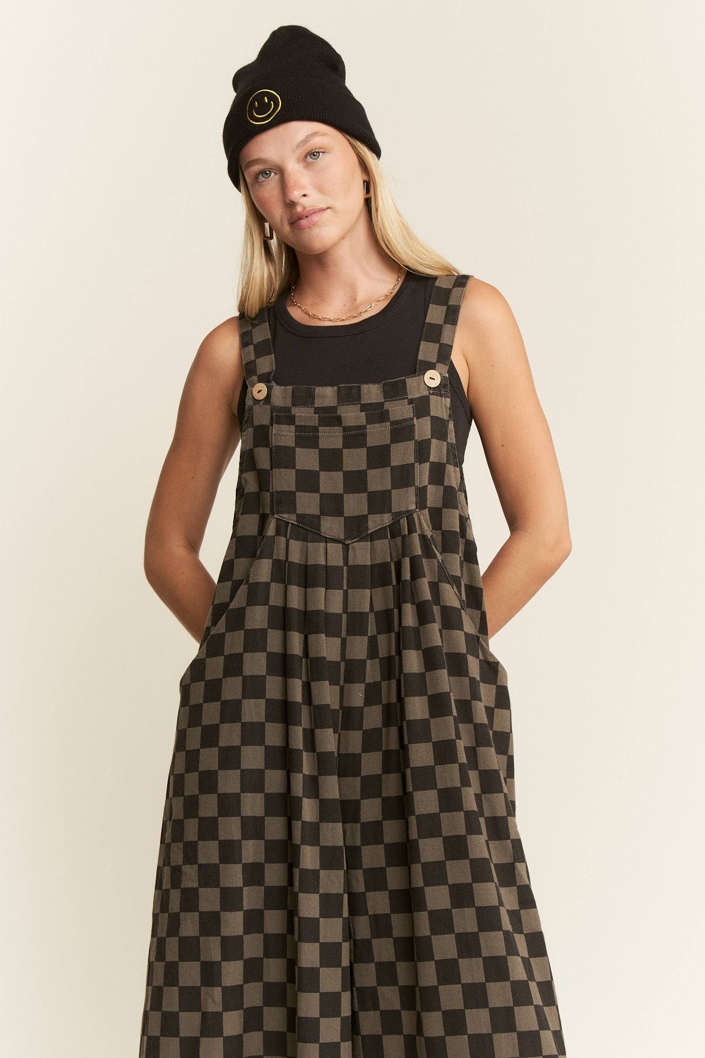 CHECKERED WIDE LEG OVERALLS: MOCHA/BLACK