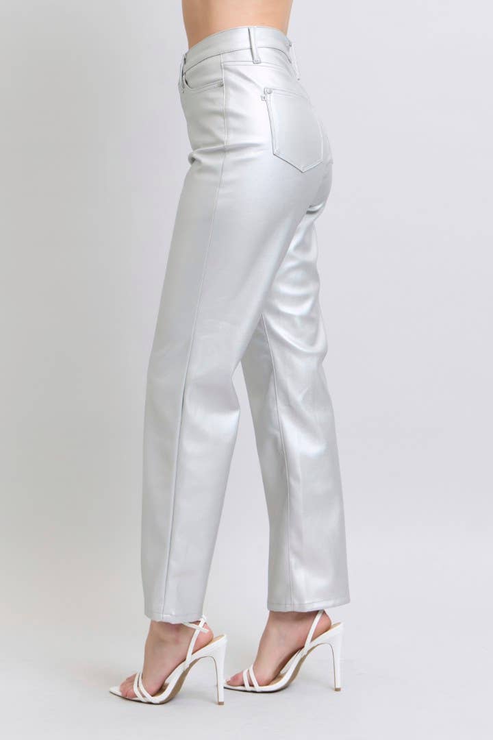 Tummy Control Metallic Silver Faux Leather Straight
