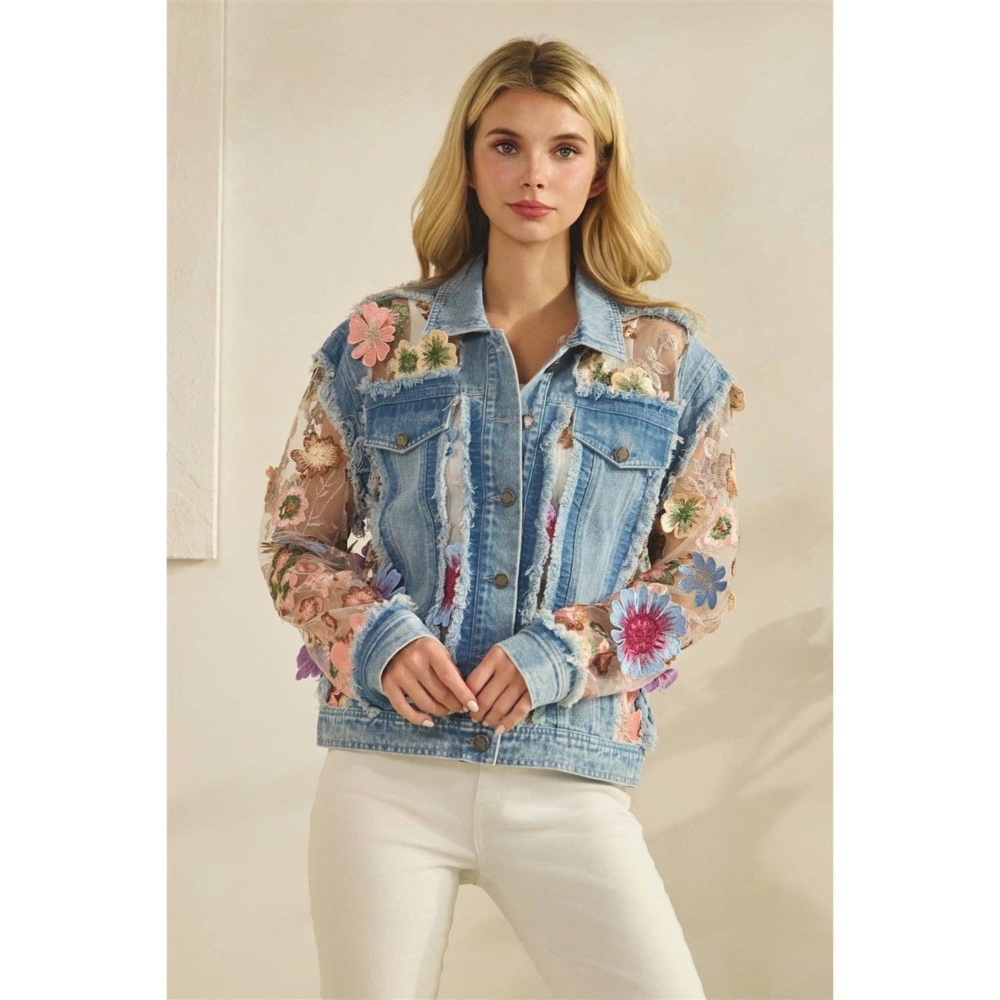 Denim Jacket with Floral Organza Inset