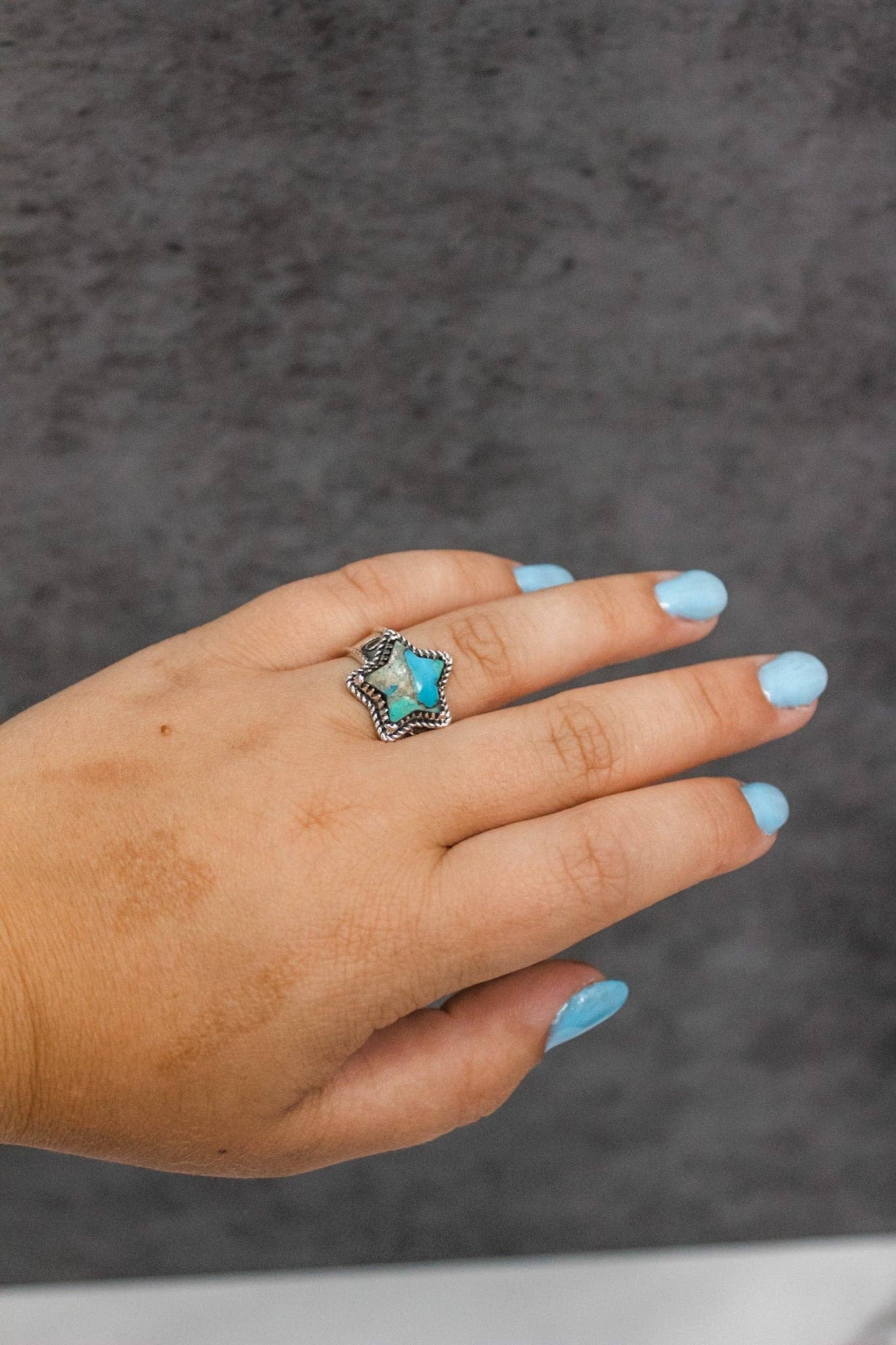 Starry Stamped Sterling Ring: Kingman Turquoise / 7