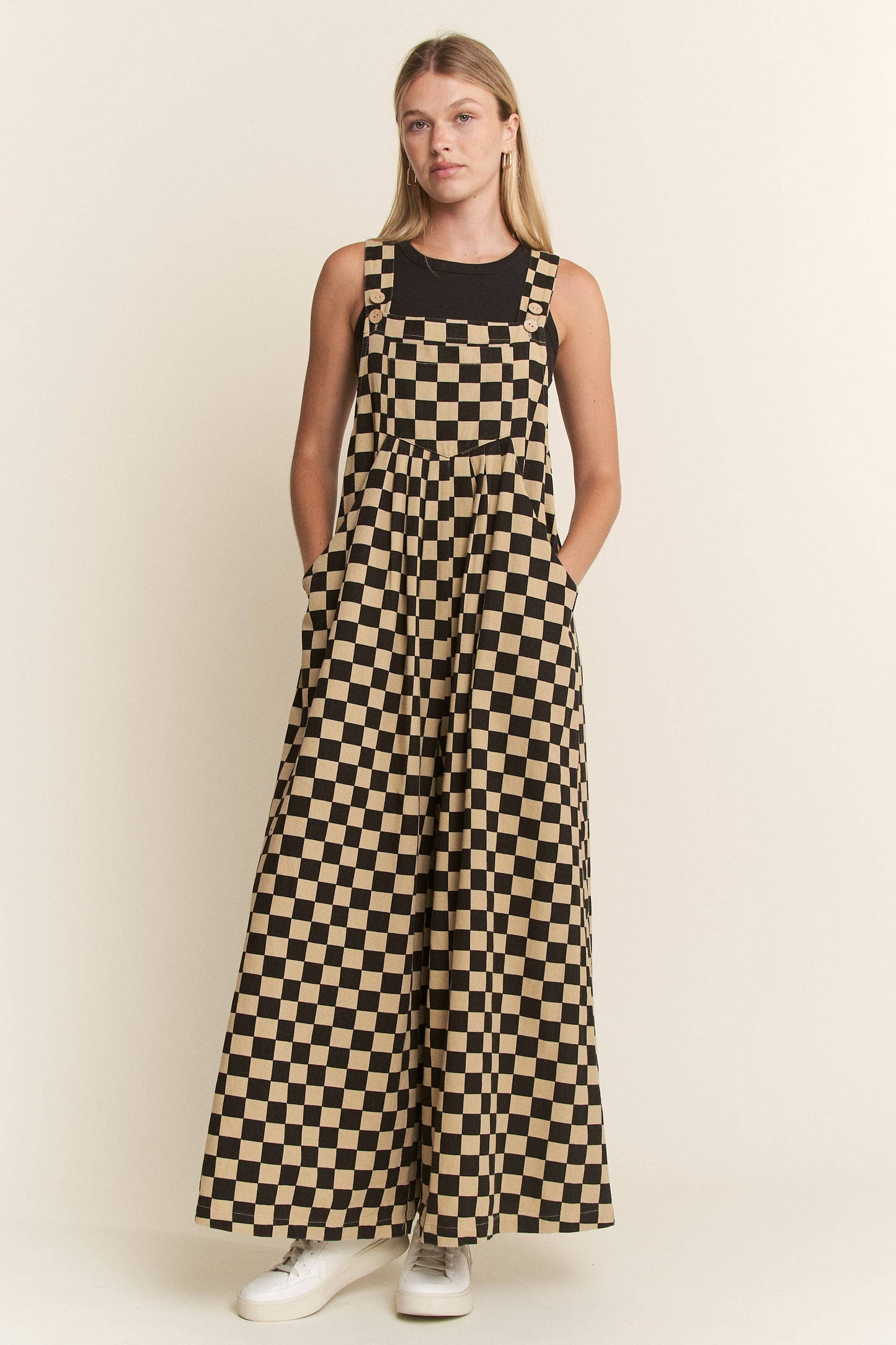 CHECKERED WIDE LEG OVERALLS: MOCHA/BLACK