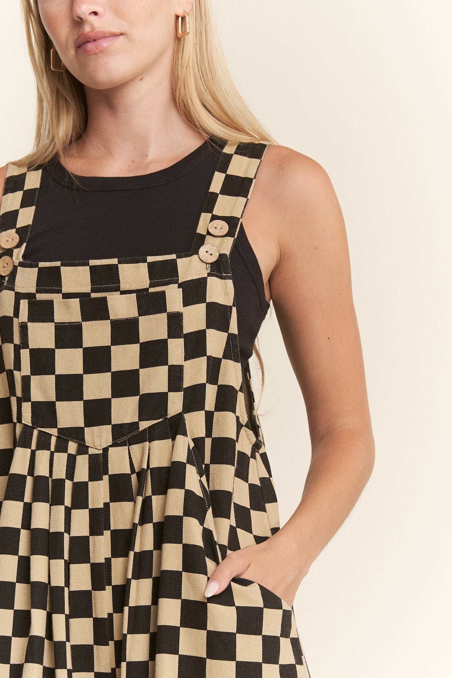 CHECKERED WIDE LEG OVERALLS: MOCHA/BLACK