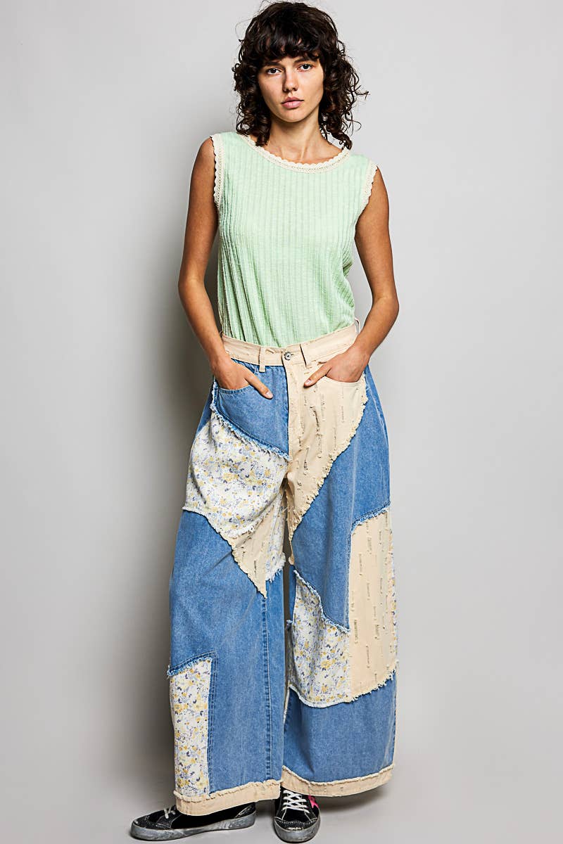 Stripe Patch Back Elastic Band Twill High Rise Wide Pants