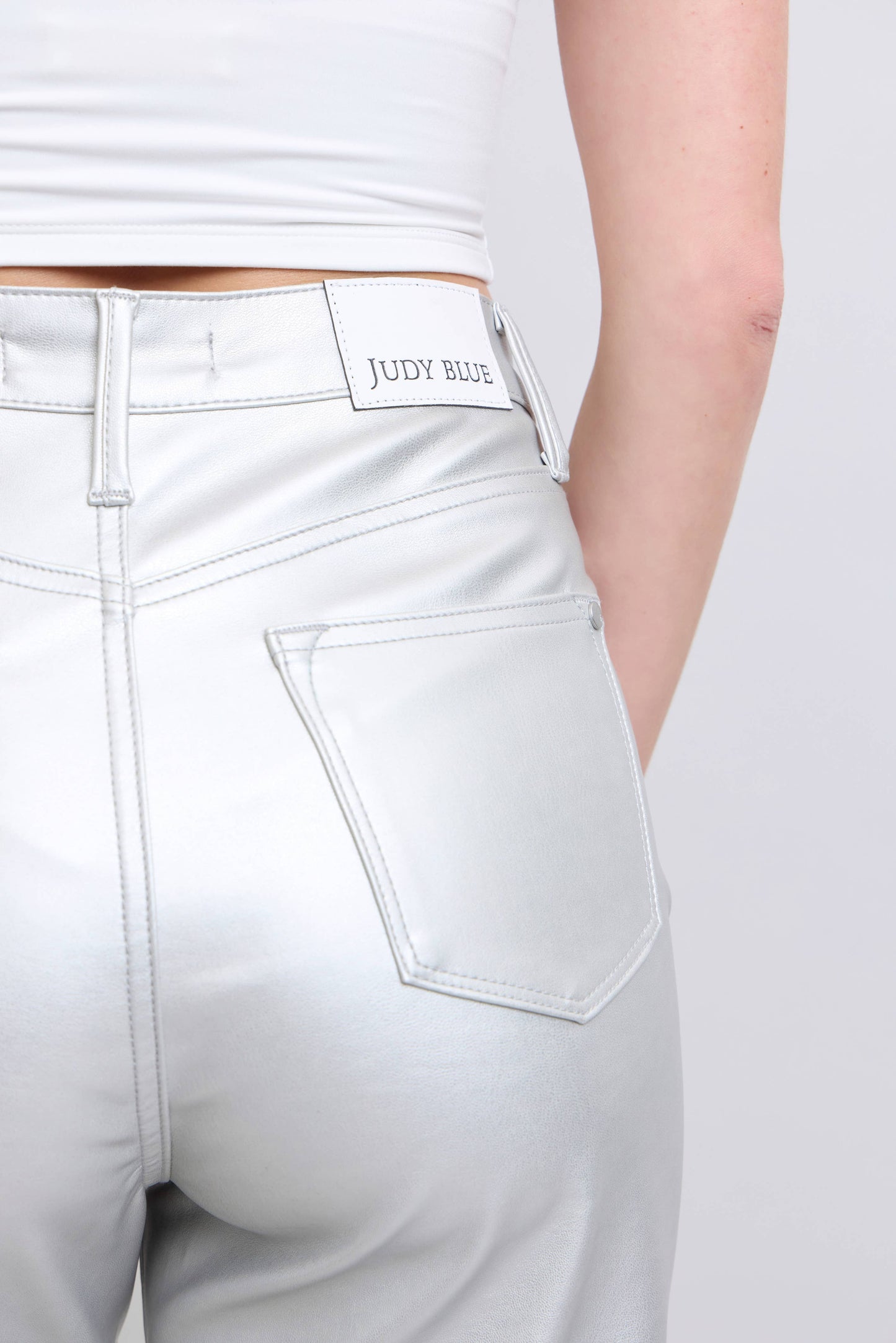 Tummy Control Metallic Silver Faux Leather Straight