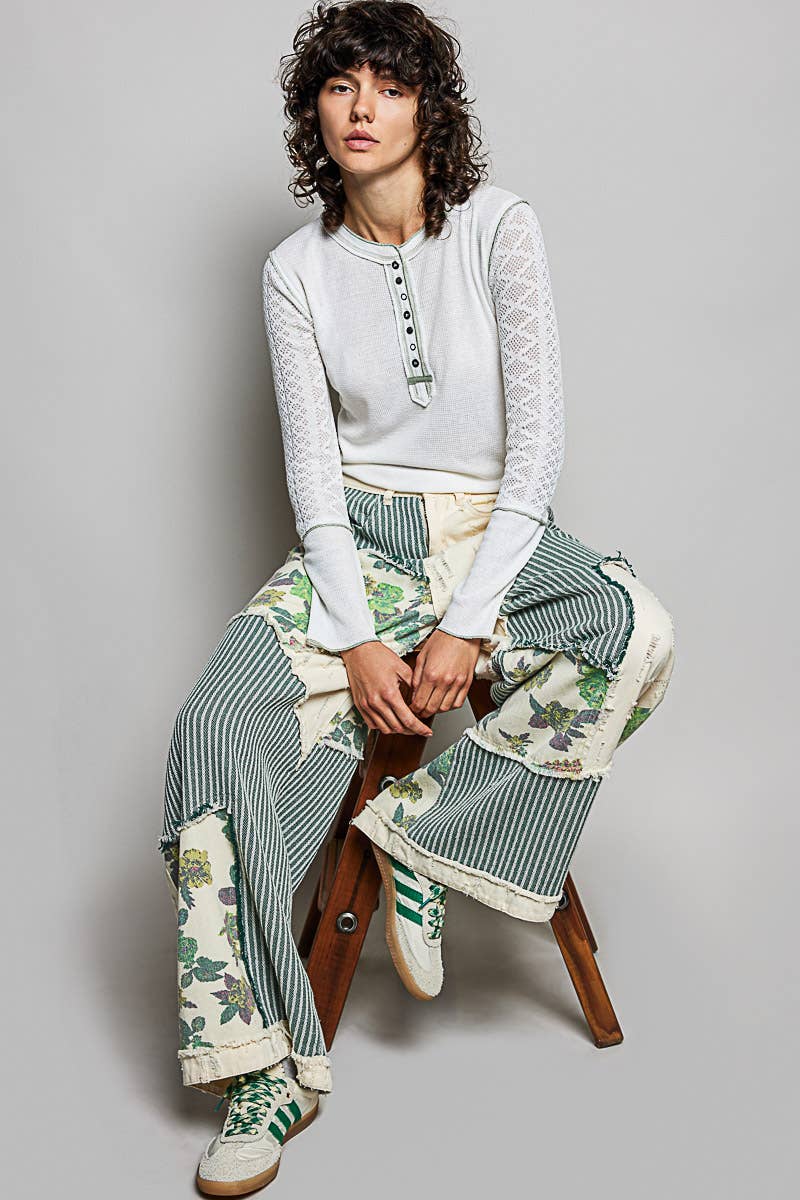 Stripe Patch Back Elastic Band Twill High Rise Wide Pants