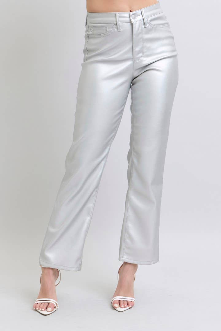 Tummy Control Metallic Silver Faux Leather Straight