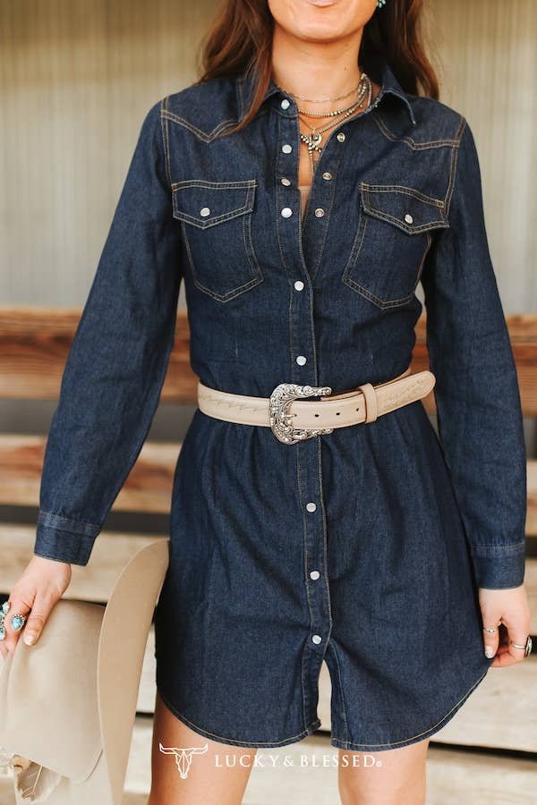 Classic Western Button Down Long Sleeve Denim Dress