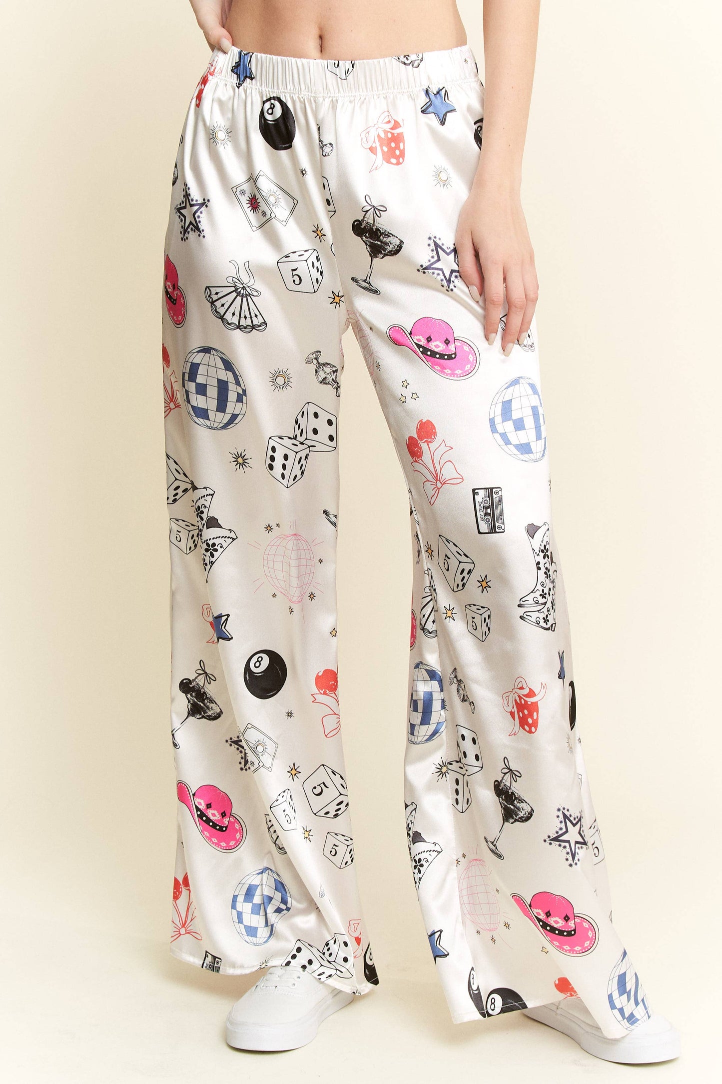 PARTY COLLAGE SATIN PANTS: Cream / L