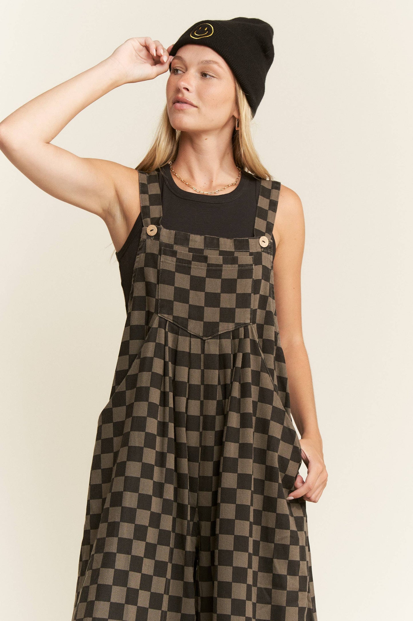 CHECKERED WIDE LEG OVERALLS: MOCHA/BLACK