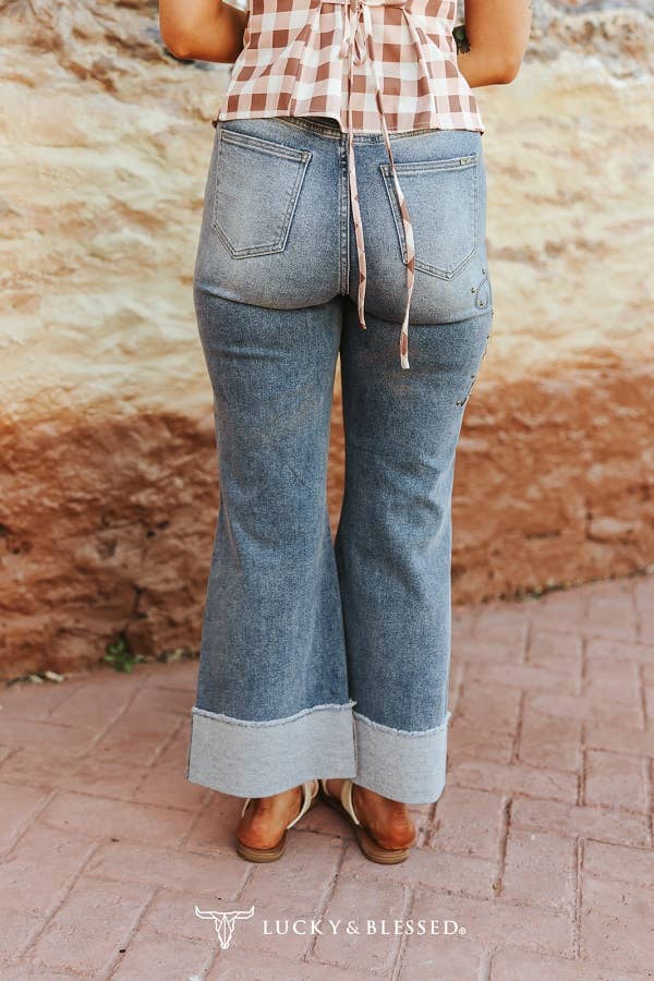 Mid Wash Studded Printed Bronco Straight Leg Jeans (28in): 8
