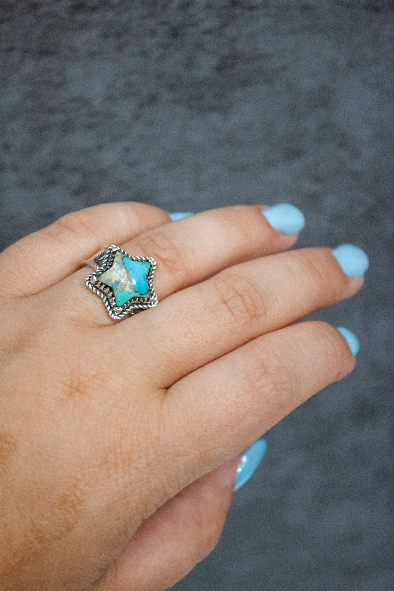 Starry Stamped Sterling Ring: Kingman Turquoise / 7