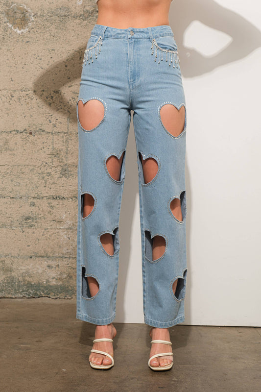 22803P -Rhinestone Fringe Denim Jeans: LIGHT WASH
