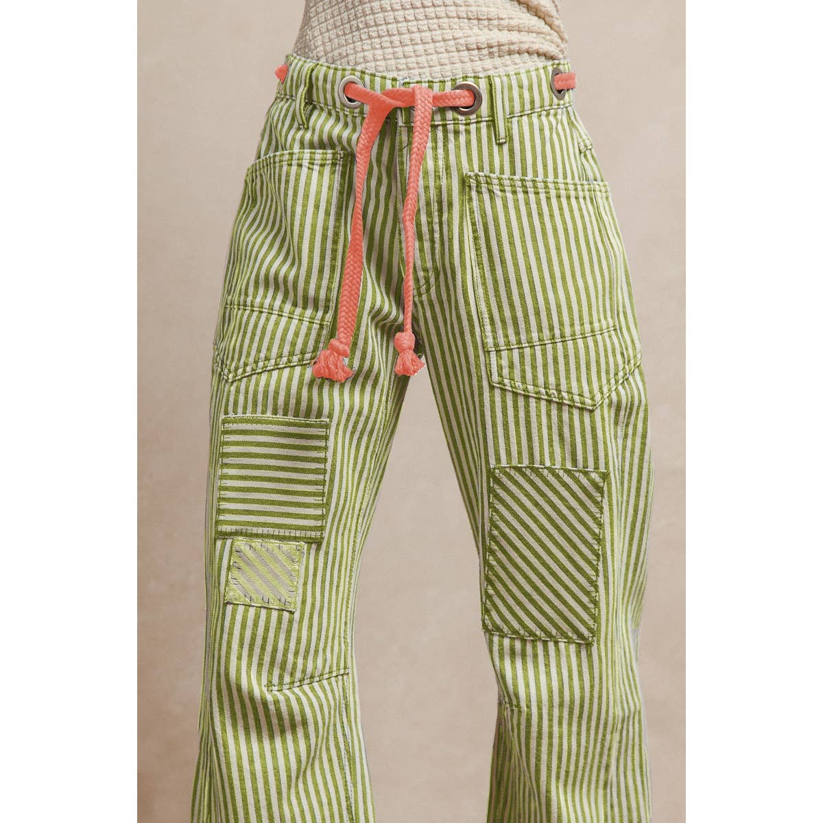 STRIPED TWILL BARREL PANTS: LIME