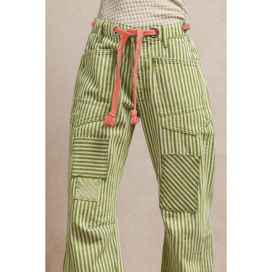 STRIPED TWILL BARREL PANTS: LIME