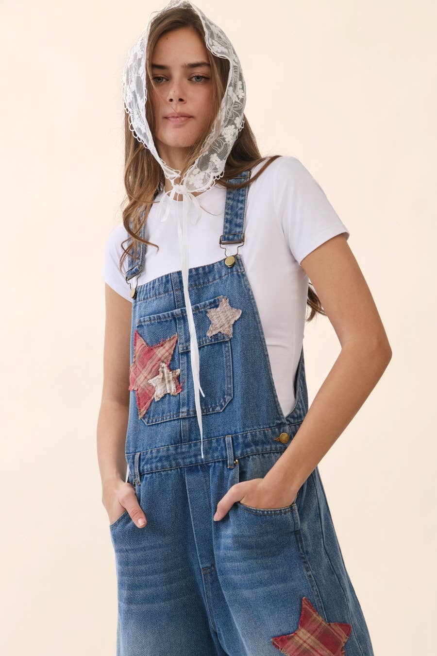 Star Patch Denim Barrel Overall: WASHED DENIM