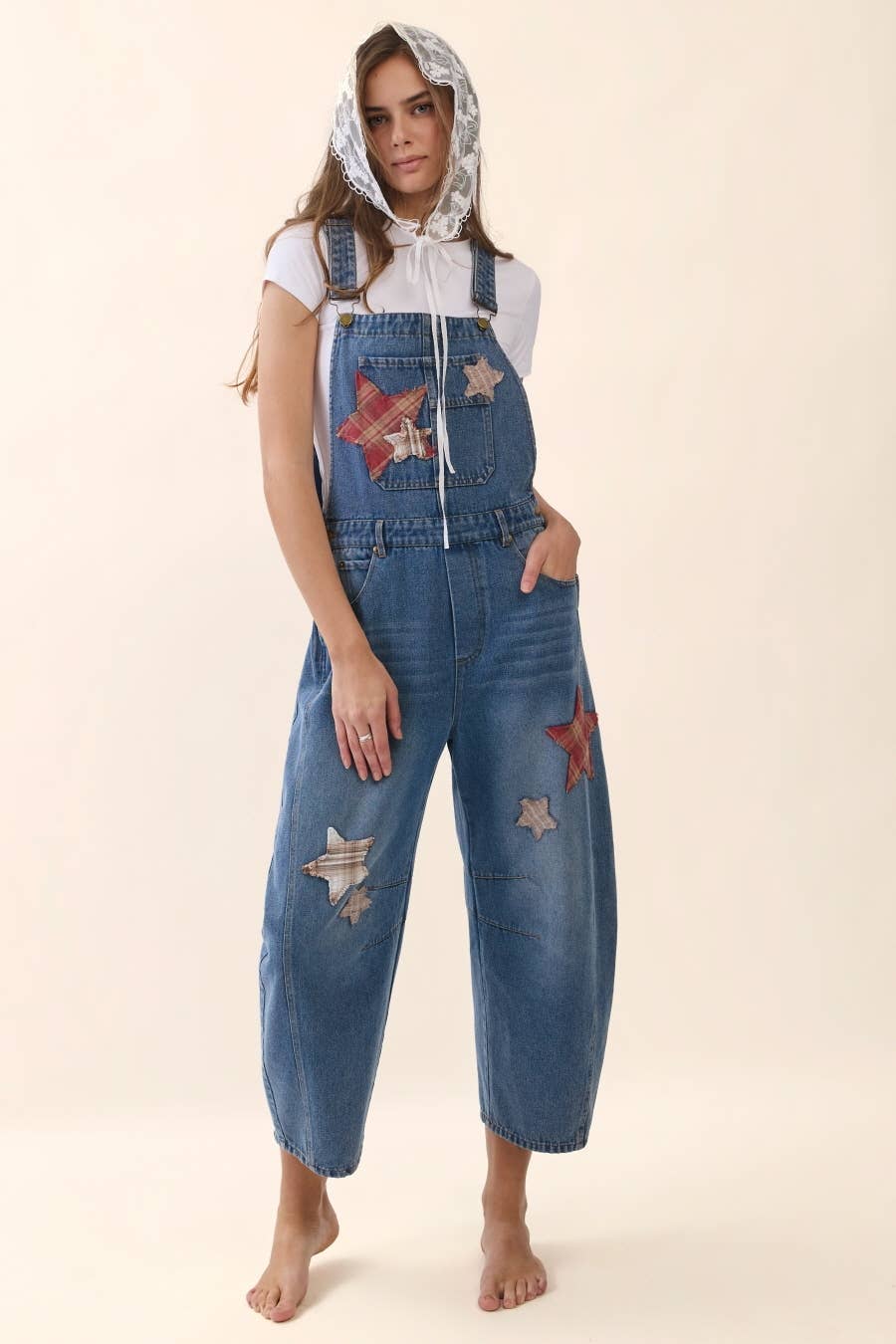 Star Patch Denim Barrel Overall: WASHED DENIM