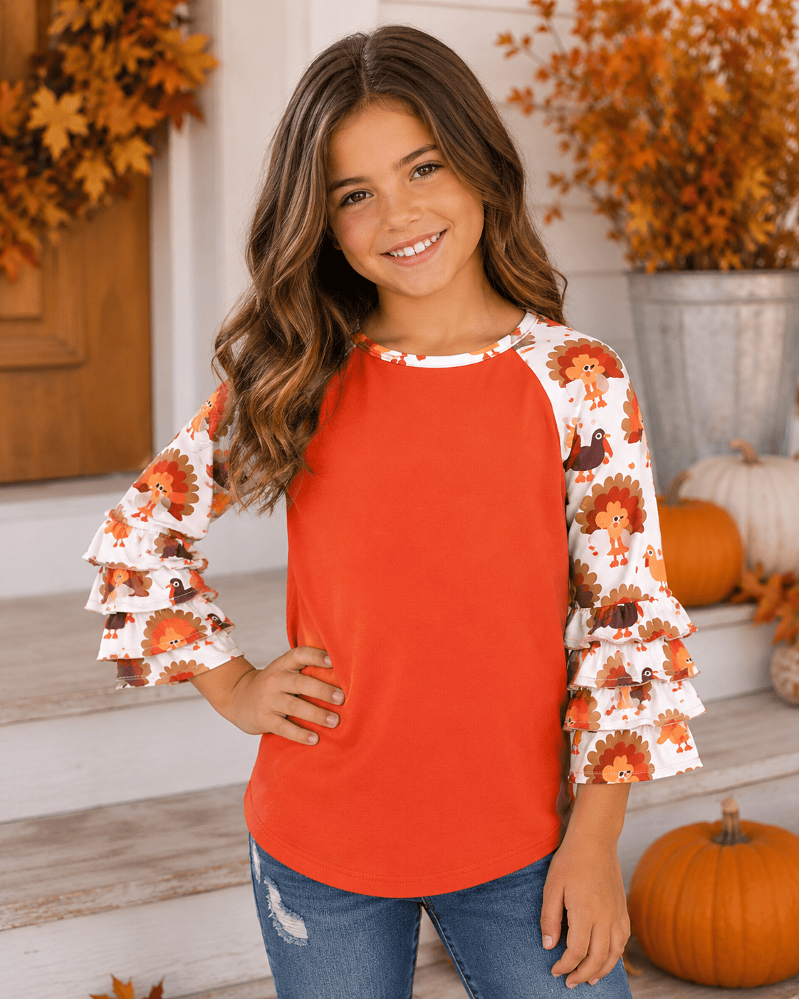 Turkey Thanksgiving Orange Ruffle Top: 6-7 years