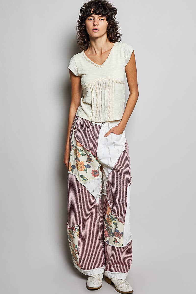 Stripe Patch Back Elastic Band Twill High Rise Wide Pants